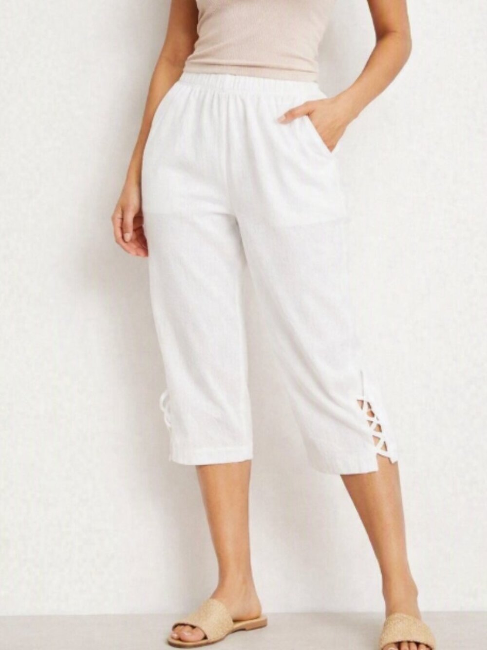 Blair White Crinkle Capris Pants M Beachy Boho Casual Coastal Cottagecore Casual